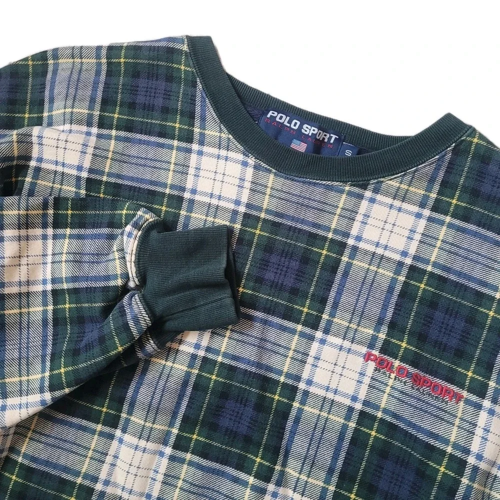 VTG Polo Sport Ralph Lauren Plaid Sweatshirt Small Green Blue Tartan 90 Crewneck